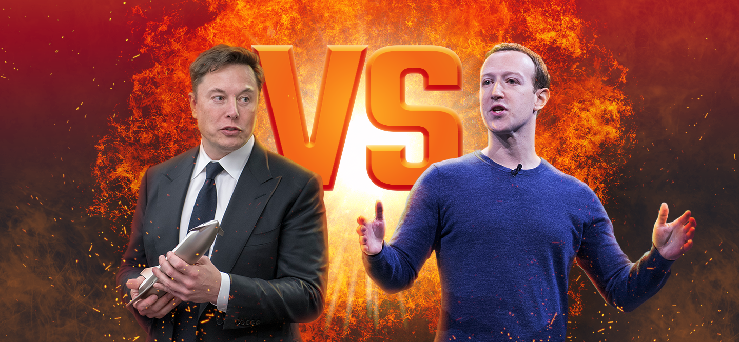Elon Musk and Mark Zuckerberg featured on an orange, fiery background. 