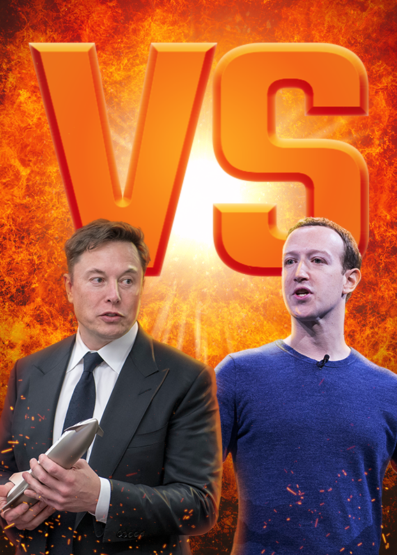 Elon Musk and Mark Zuckerberg featured on an orange fiery background.