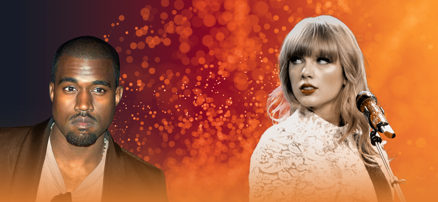 Kanye West and Taylor Swift featured side by side on an orange sparkled background.