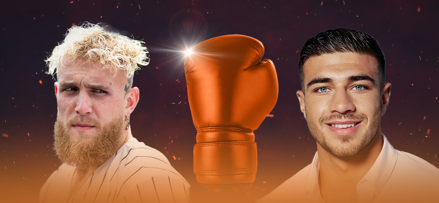 Boxer Tommy Fury and Jake Paul featured on a black and orange background with a boxing glove in the center.