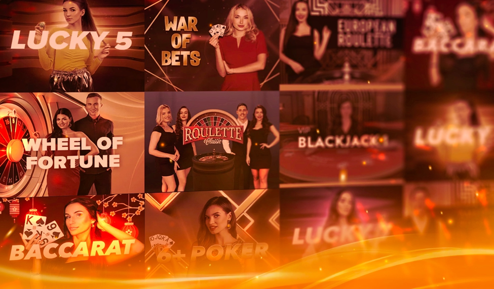 Collage showcasing live dealer games like roulette, blackjack, baccarat, and Lucky 5.