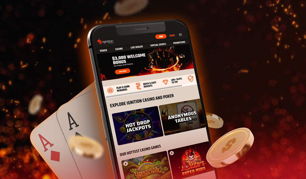 Ignition Casino mobile site displaying games, promotions, and welcome bonus with playing cards and coins.