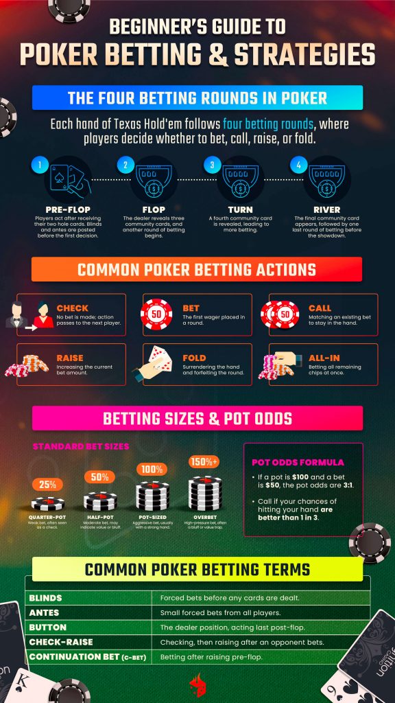 Infographic showing poker betting rounds, actions, bet sizes, pot odds, and key betting terms for beginners.