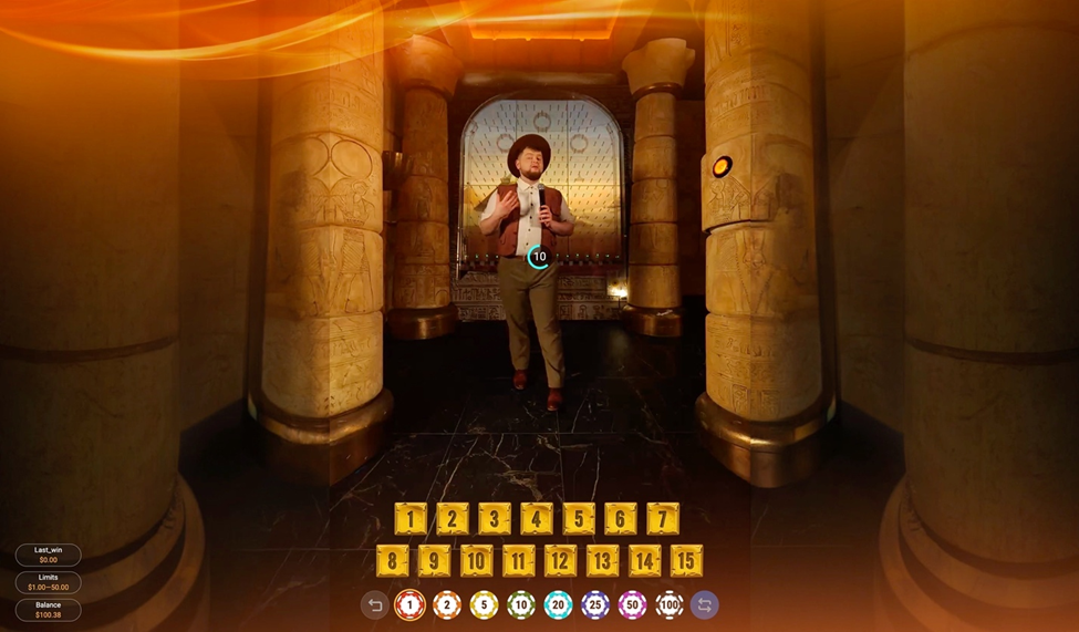A game show host dressed as an explorer stands in an ancient Egyptian temple with stone pillars, presenting 'Crypt of Giza.