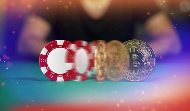 Poker chips spinning into a Bitcoin coin on a felt table, with motion blur and glowing effects.