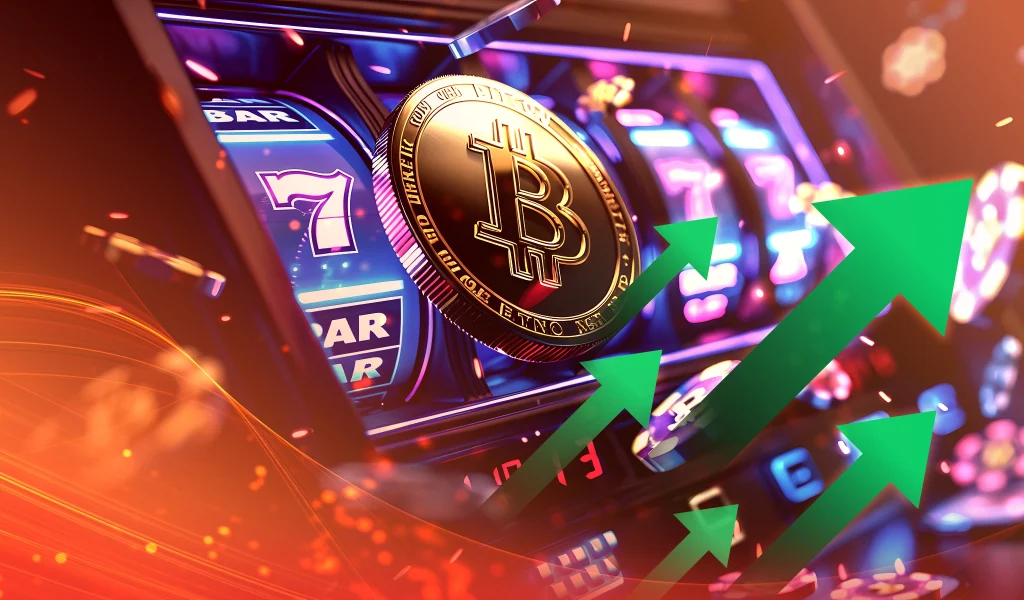 Bitcoin slot machine with green arrows rising, symbolizing growth in crypto gaming.