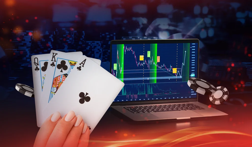 Poker hand of clubs in front of laptop showing stock market chart, chips floating around.