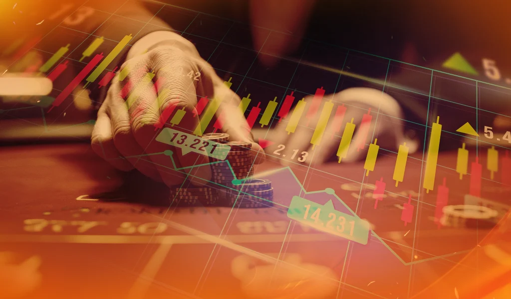 Hand stacking casino chips overlaid with candlestick charts and numbers, evoking risk.