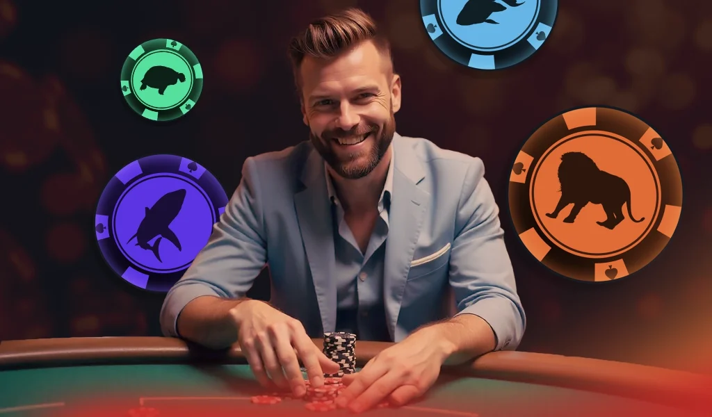 Smiling man at a poker table stacking chips, surrounded by glowing poker chips featuring animal symbols.