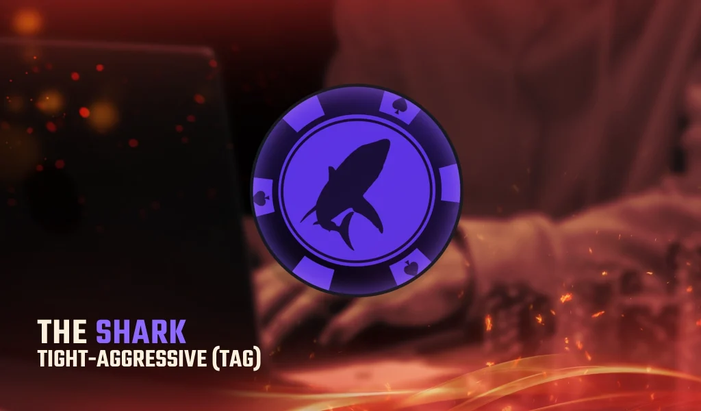 Purple poker chip with a shark symbol, labeled 'The Shark - Tight-Aggressive (TAG),' representing a strategic, aggressive player.