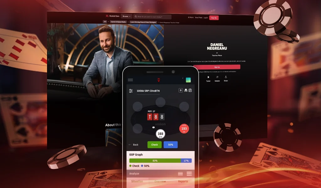 Poker strategy app on a phone with Daniel Negreanu featured on a MasterClass screen.