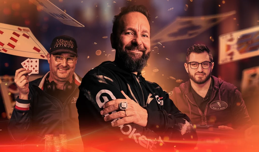 Daniel Negreanu, Phil Hellmuth, and Phil Galfond with cards flying in a poker-themed background.
