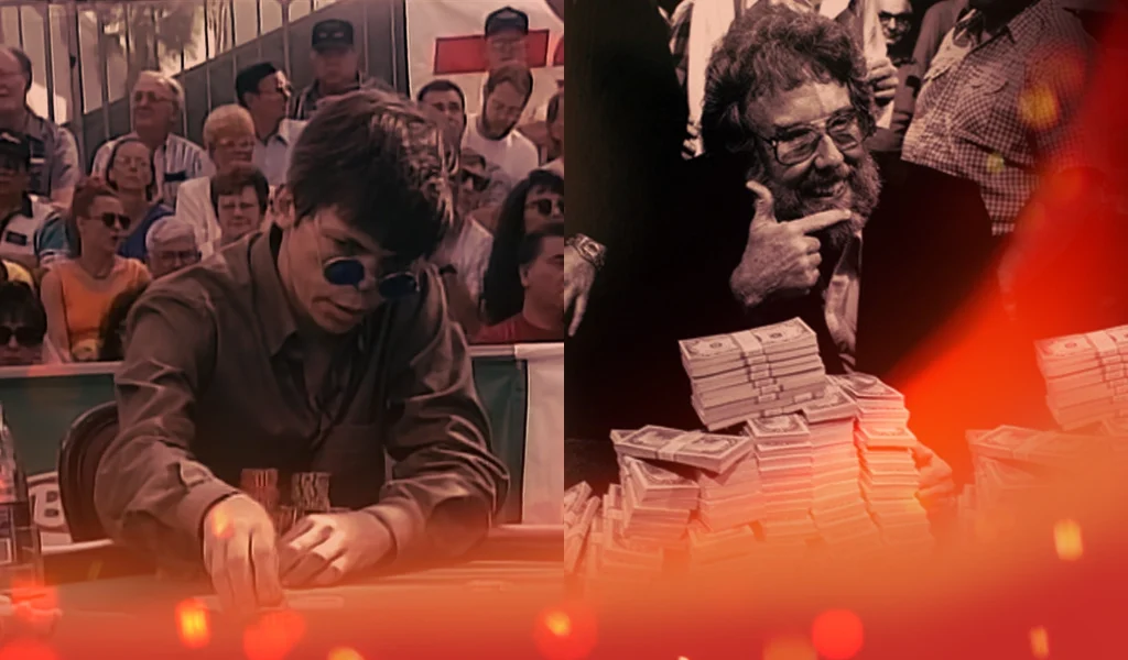 Split image of two older poker players, one stacking chips, the other with piles of cash.