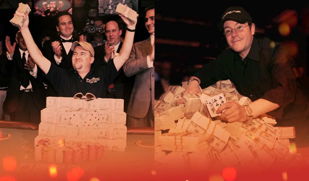 Left: Man celebrating with arms up; right: Player smiling next to poker winnings.