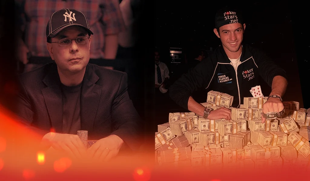 Left: Man in Yankees cap focused at a Poker table; right: PokerStars winner with cash and cards.