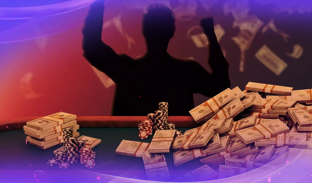 Silhouette of a poker player with raised arms behind stacks of cash and chips.