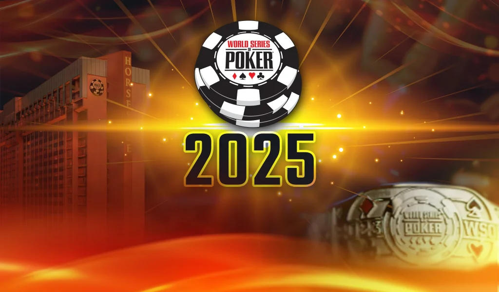 WSOP 2025 poker chip and golden light burst with Horseshoe casino and championship bracelet in background