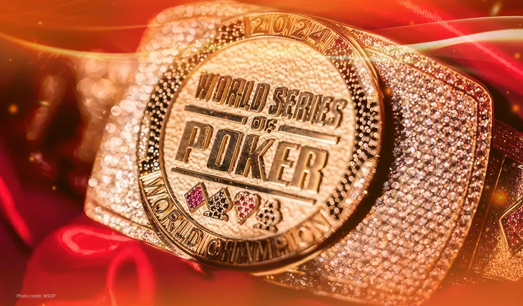 Close-up of the 2024 World Series of Poker championship bracelet with gold and diamond detailing