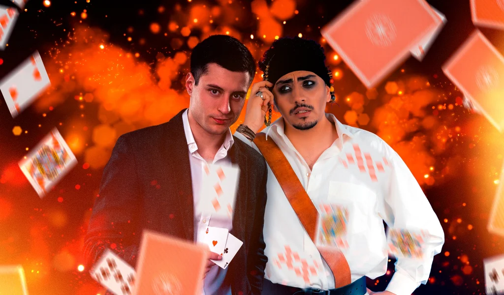 Stylized poker-themed banner with two men, one in a suit holding cards and one in pirate attire, with cards flying around.