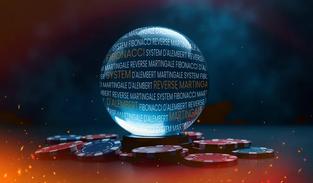 Glowing crystal ball surrounded by scattered casino chips on a dark, smoky background.