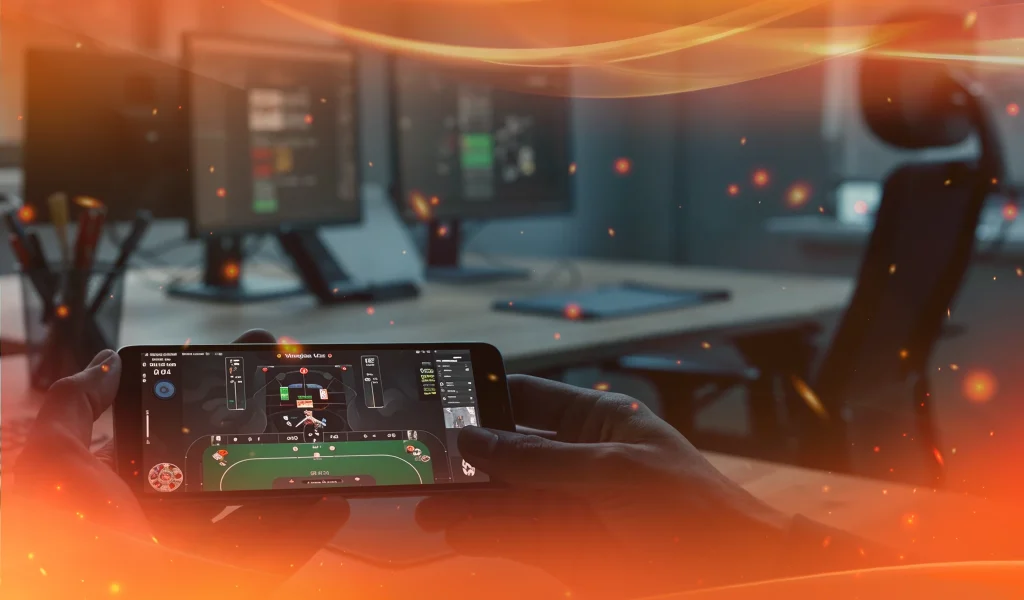Hands playing online poker on a mobile phone, with desktop monitors blurred in the background.
