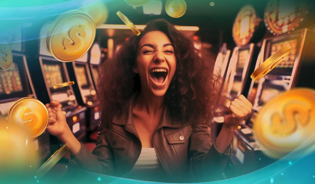 Excited woman celebrating in front of slot machines, surrounded by floating gold coins.