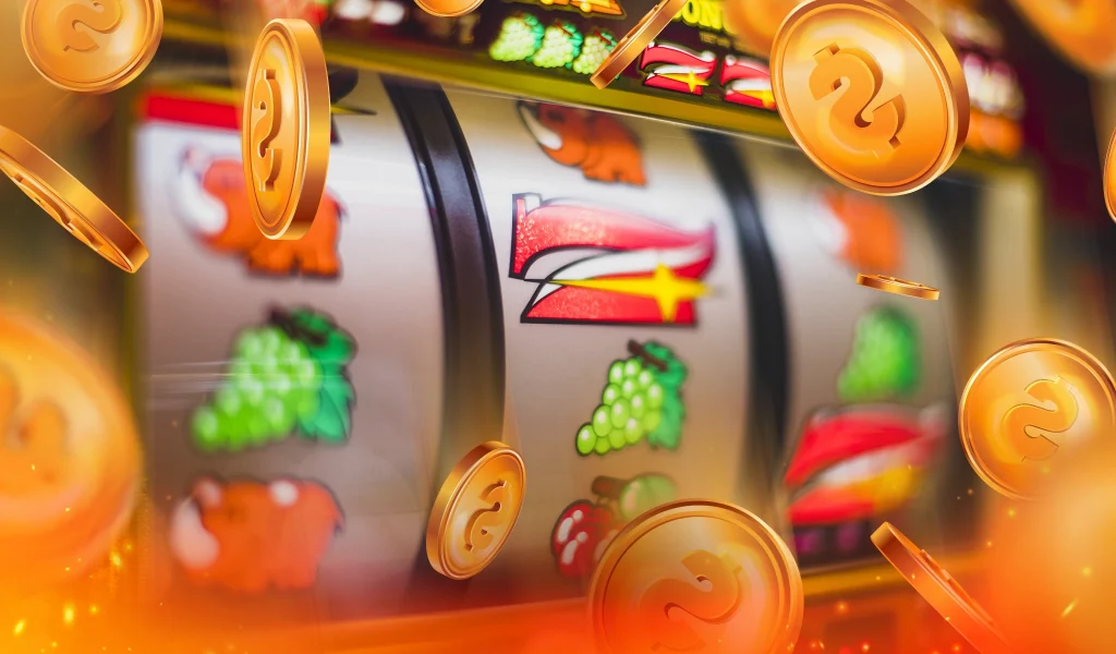 Classic slot machine reels with fruit symbols and red sevens, surrounded by glowing gold coins.