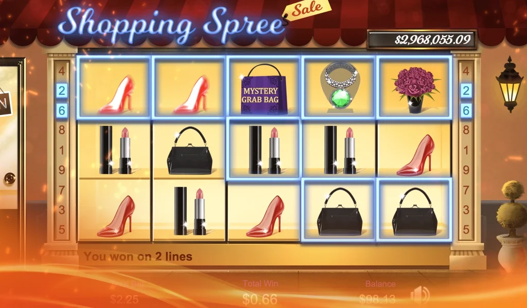 Shopping Spree slot game screen showing symbols like high heels, lipstick, and handbags with a $2.9M jackpot.