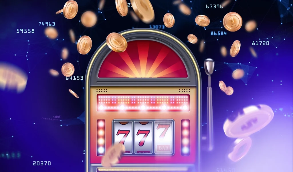 Jackpot slot machine displaying triple sevens with gold coins flying and random numbers in the background.