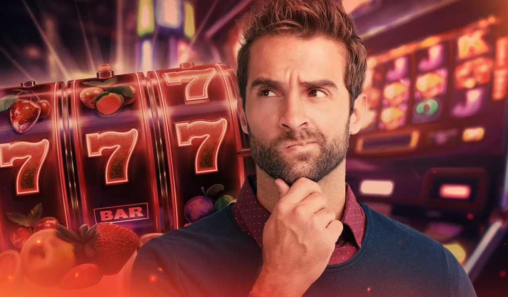 Bearded man with a thoughtful expression in front of glowing red slot machine reels showing triple 7s and fruit symbols.