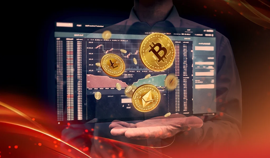 A businessman holds a holographic financial screen displaying a trading chart with floating gold Bitcoin, Litecoin, and Ethereum coins.
