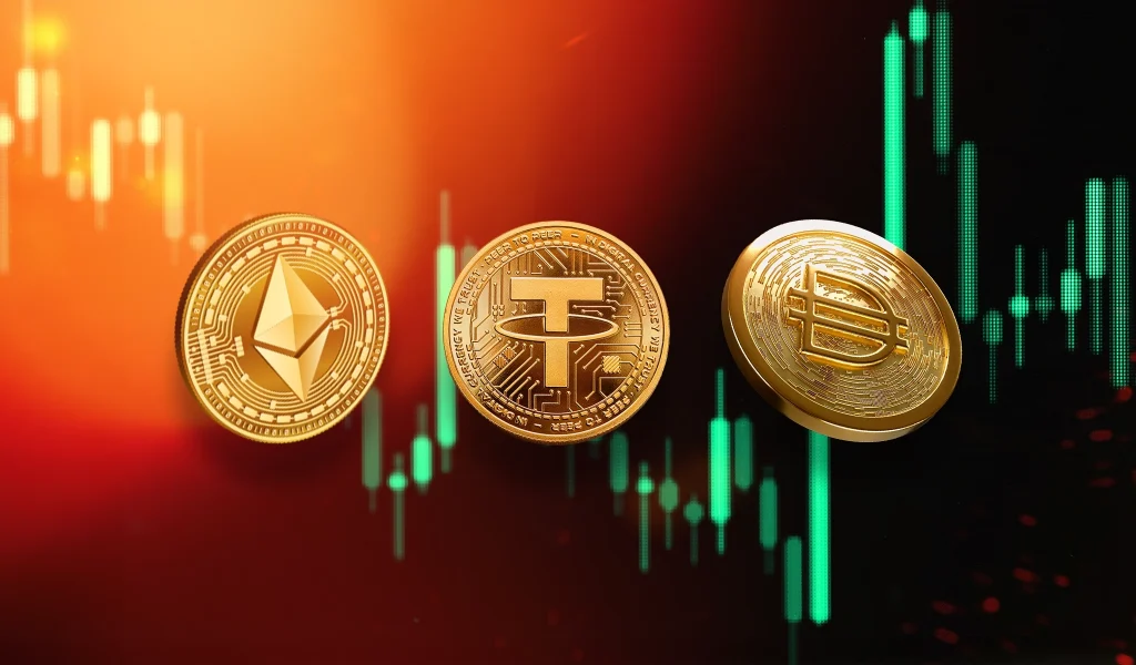 Three gold cryptocurrency coins—Ethereum, Tether, and Dai—floating in front of a digital trading chart with rising green candlesticks.