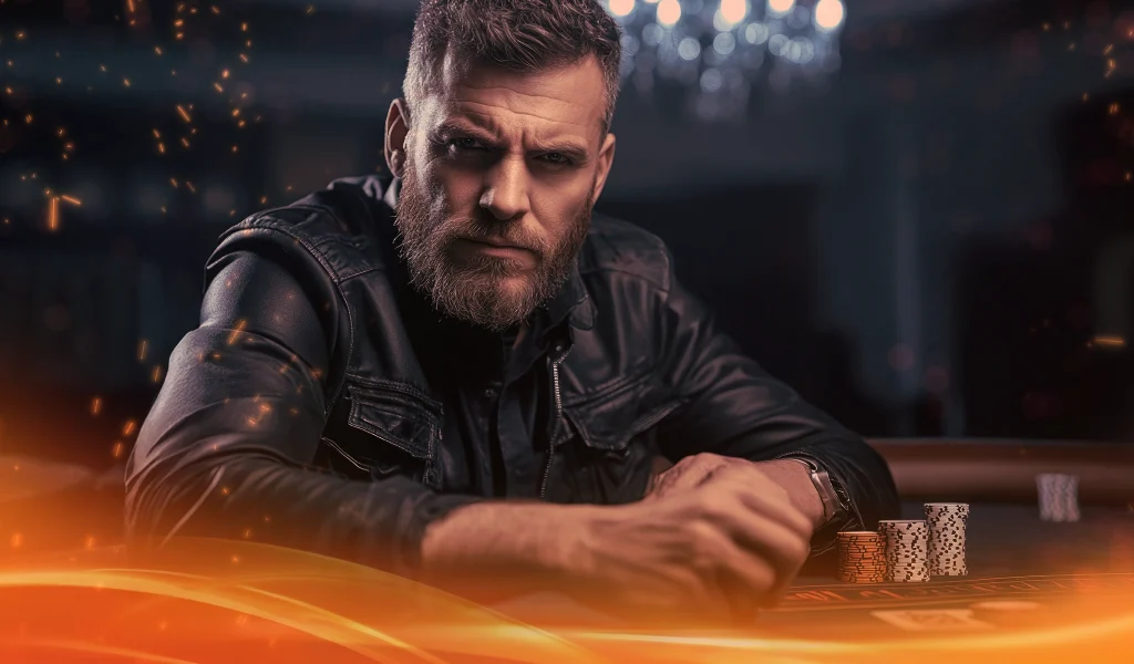 Serious poker player at a table with stacks of chips, in a dark moody casino setting.