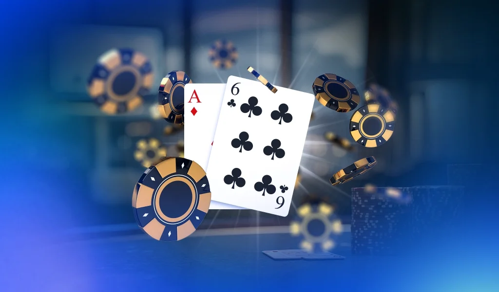 Two playing cards, an ace of diamonds and a six of clubs, floating among gold and blue poker chips against a blurred casino background.