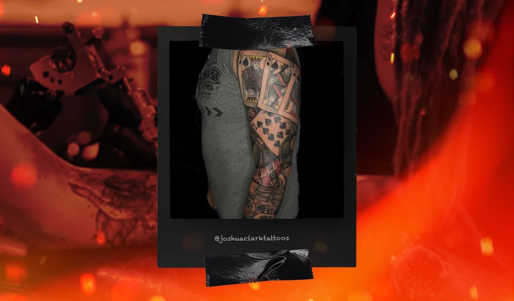 A detailed tattoo sleeve with a poker theme, featuring playing cards, poker chips, and dice on a person’s arm.