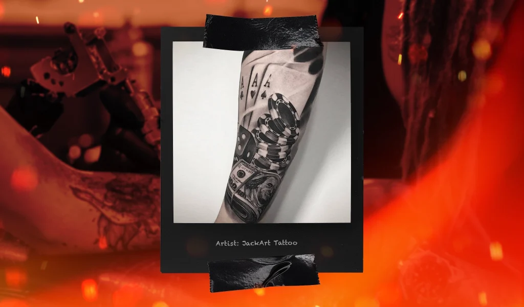 A black and gray tattoo of aces, poker chips, dice, and cash, covering a person’s forearm.