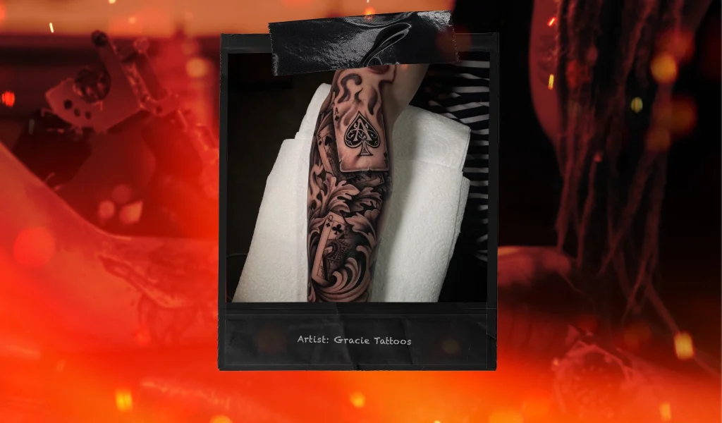 A poker-themed tattoo with an ace of spades, waves, and flames, covering a person’s forearm.