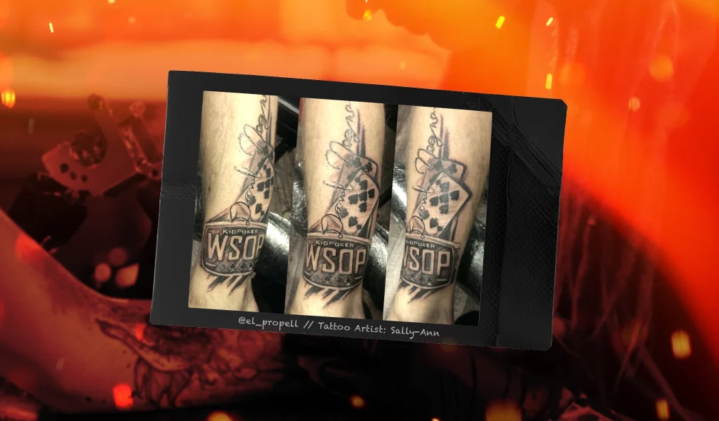 A tattoo featuring the World Series of Poker logo, playing cards, and a signature on a forearm.