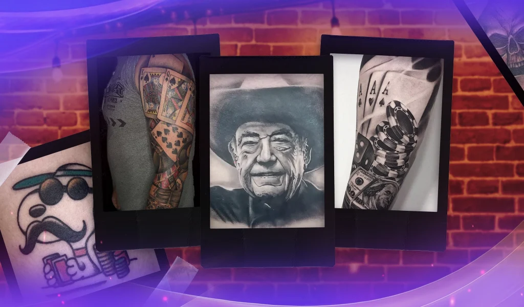 A collage of poker-themed tattoos, including playing cards, poker chips, and a portrait of an older man wearing a cowboy hat.