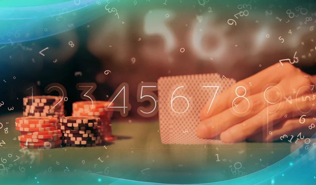 A close-up of a poker hand holding two cards, with stacks of chips and floating numbers representing poker odds calculations.