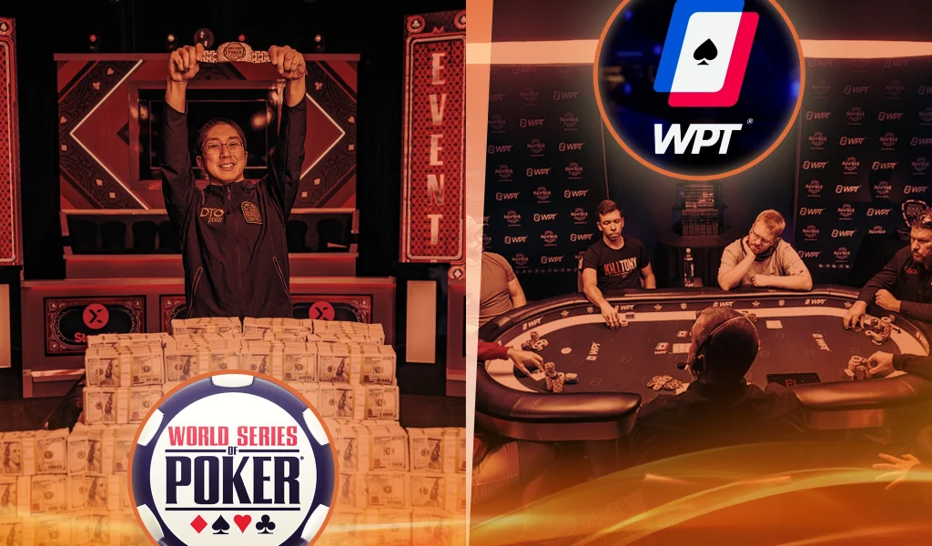 Split image of World Series of Poker winner with cash and WPT poker table with players and logo.