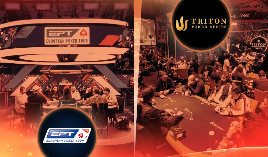 Split image of European Poker Tour table and busy Triton Poker Series tournament hall with players.