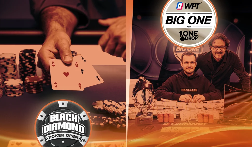 Split image of poker hand with aces and chips, and Big One for One Drop winner at table with cash.