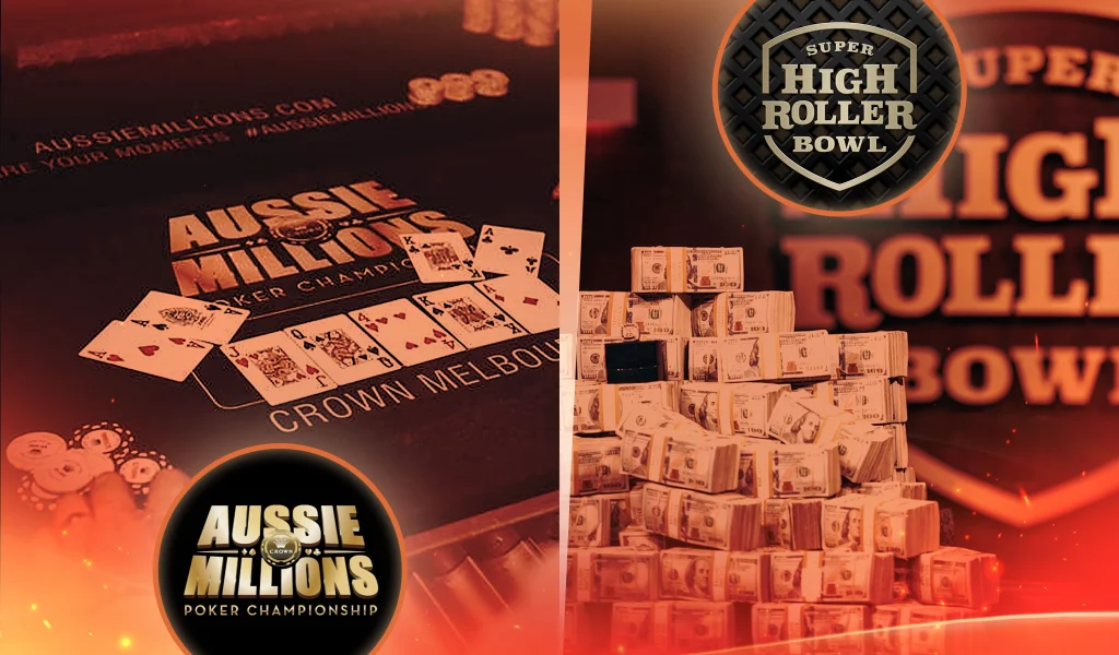 Split image of Aussie Millions poker table and Super High Roller Bowl logo with stacks of cash.
