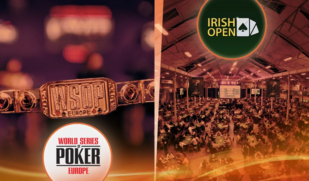 Split image of WSOP Europe bracelet and crowded hall at the Irish Open poker tournament.