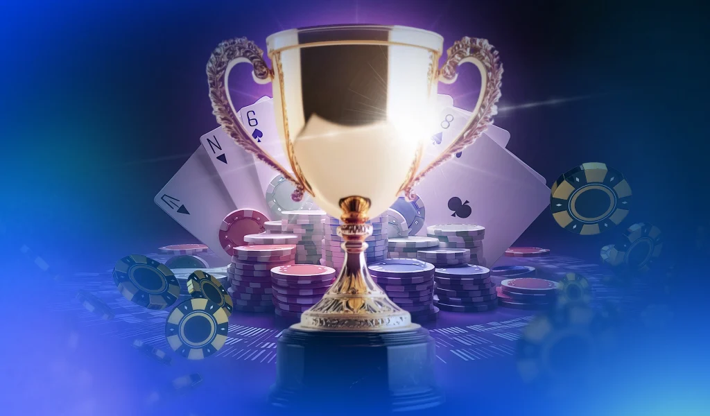 Golden trophy in front of poker cards and colorful chips on a blue background.