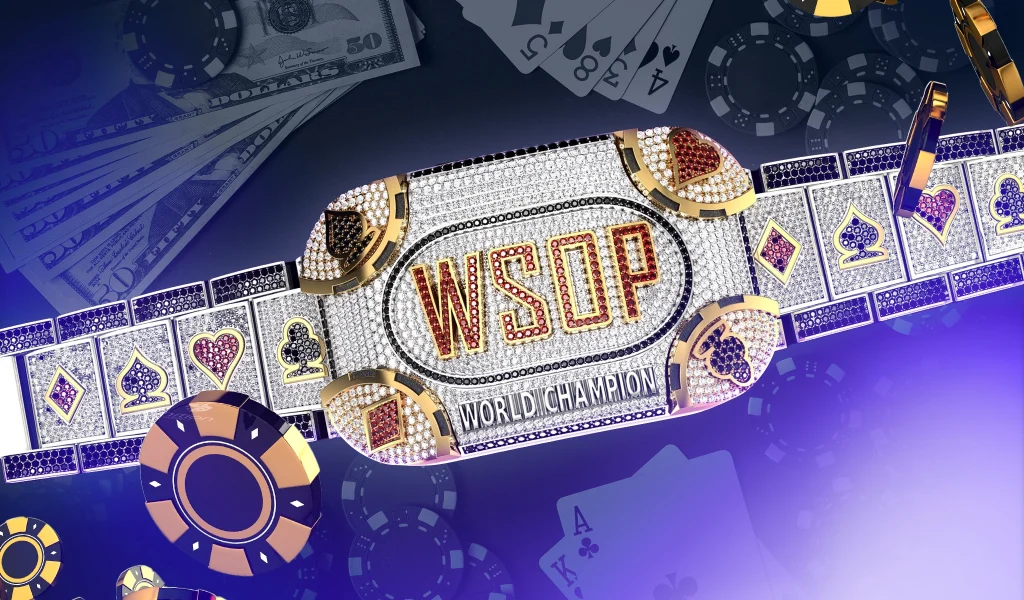 Close-up of World Series of Poker championship bracelet with poker chips, cards, and US dollar bills.