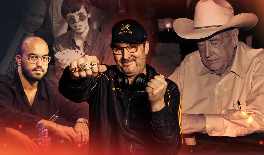 Collage of famous poker players, including a man showing championship rings, with vintage poker photos in background.
