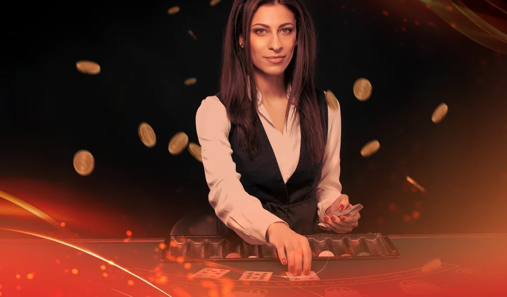 Woman dealer dealing cards at a casino table, with gold coins falling in the background.
