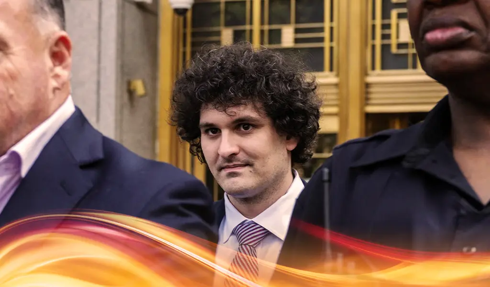 Sam Bankman in a suit standing between two other men, with dynamic orange streaks overlay